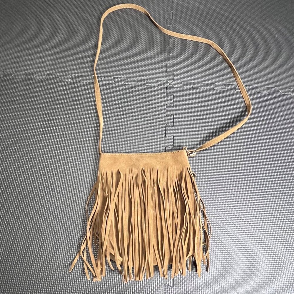 Brown Faux Suede Fringe Crossbody Bag With Adjustable Strap - Picture 2 of 4
